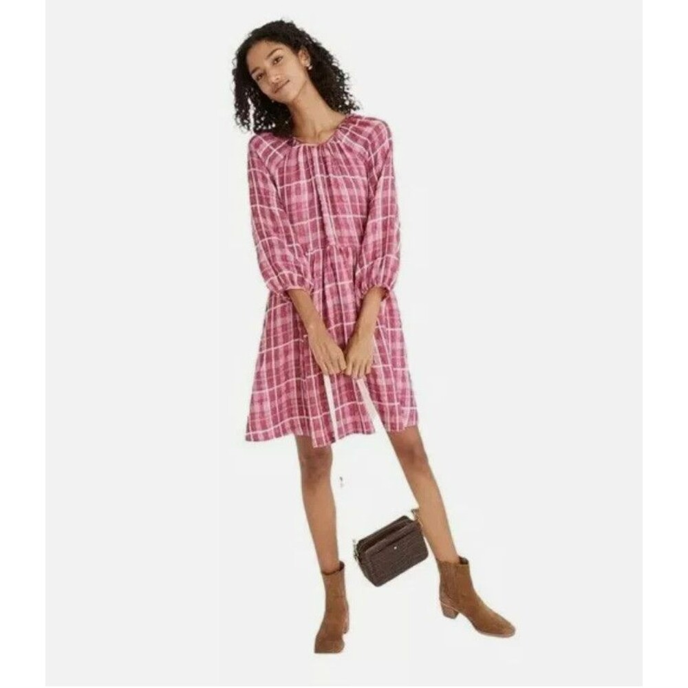 Madewell Babydoll Plaid Mini Dress M Pink Shirred Gauzy Balloon Sleeve BOHO NWT‎